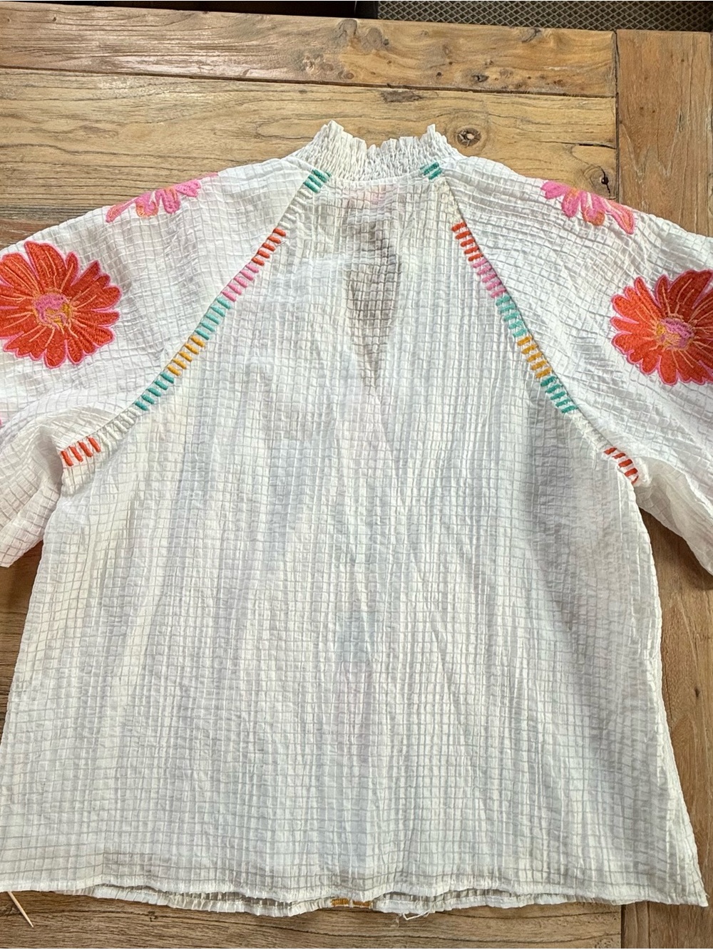 THML White Cotton Gauze Blouse with Pink and Orange Floral Embroidery - Picture 2 of 3